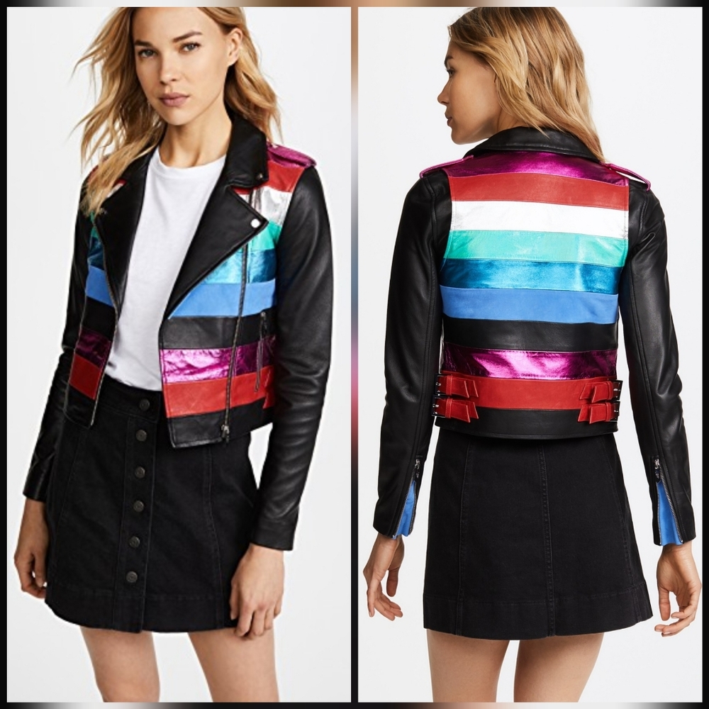 The Mighty Company Biker Cropped Striped Jacket